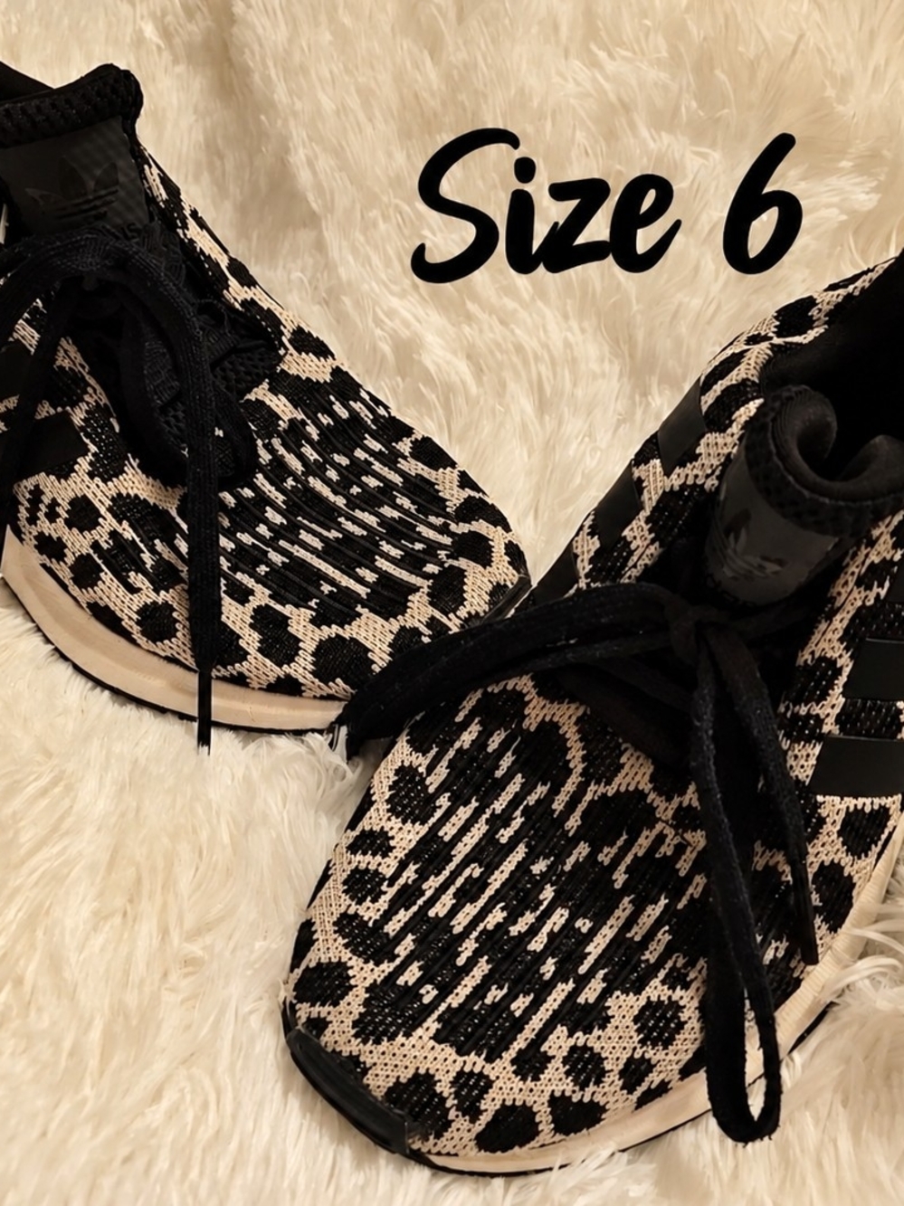 Adidas Women's Black and Cream Leopard Knit Running Shoes